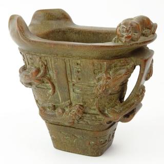 Appraisal: Chinese Carved Bamboo Libation Cup with Relief Chilong Decoration Chinese