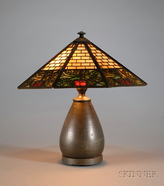 Appraisal: Arts Crafts Metal Overlay Table Lamp Slag glass and metal