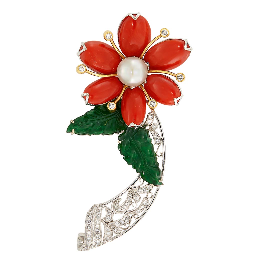 Appraisal: White Gold Oxblood Coral Cultured Pearl Carved Jade and Diamond