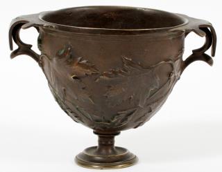 Appraisal: BRONZE LIBATION CUP BRONZE LIBATION CUP H Side handles Leaf