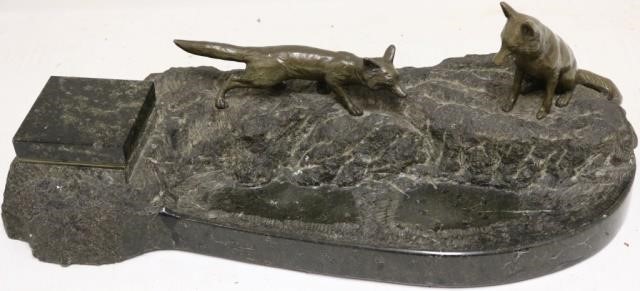 Appraisal: UNUSUAL EARLY TH C BRONZE INKWELL MARBLE BASEMOUNTED WITH BRONZE