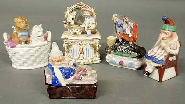 Appraisal: Five th c Staffordshire figural covered boxes incl two of