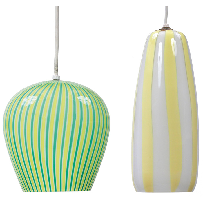 Appraisal: Venini glass pendant lamps two Italy bulbous form of green