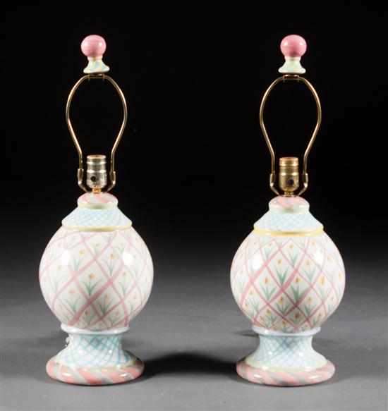 Appraisal: Pair of MacKenzie-Childs painted ceramic table lamps with stylized floral