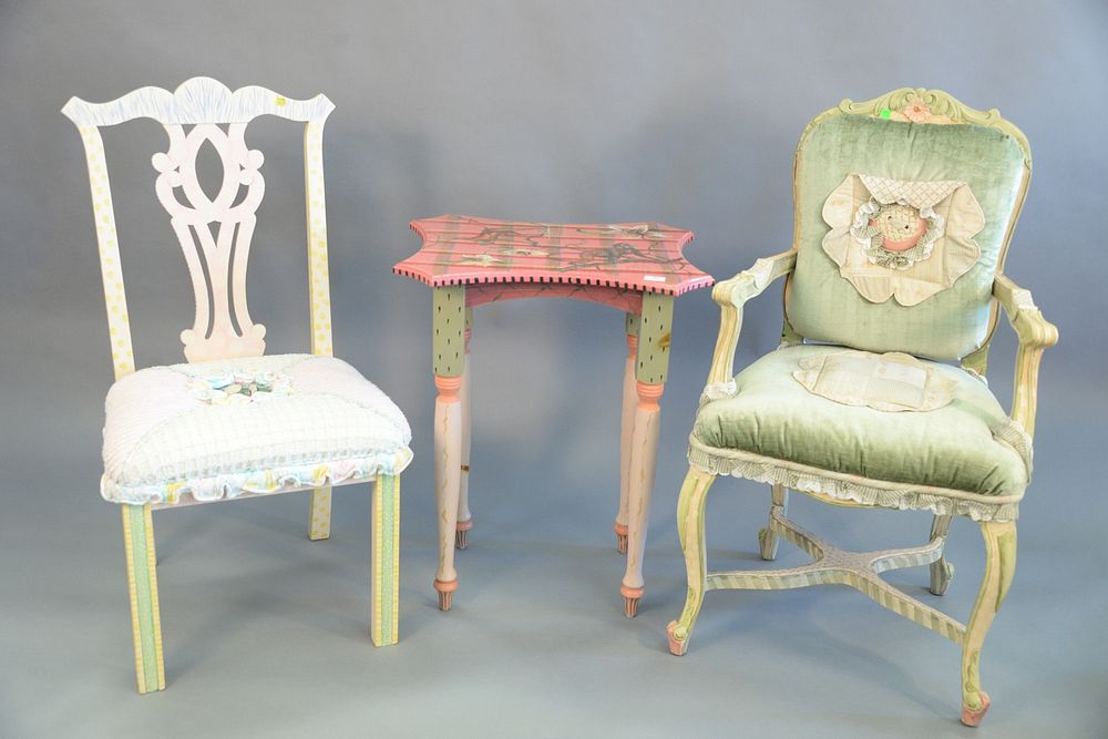 Appraisal: Two pink and green painted chairs accompanies by a pink