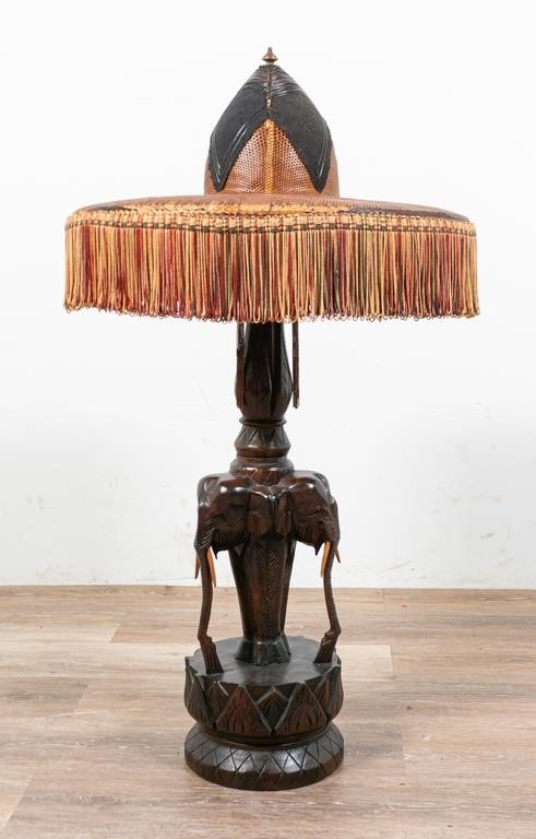 Appraisal: CARVED WOODEN ELEPHANT TABLE LAMPCarved wooden elephant table lamp with