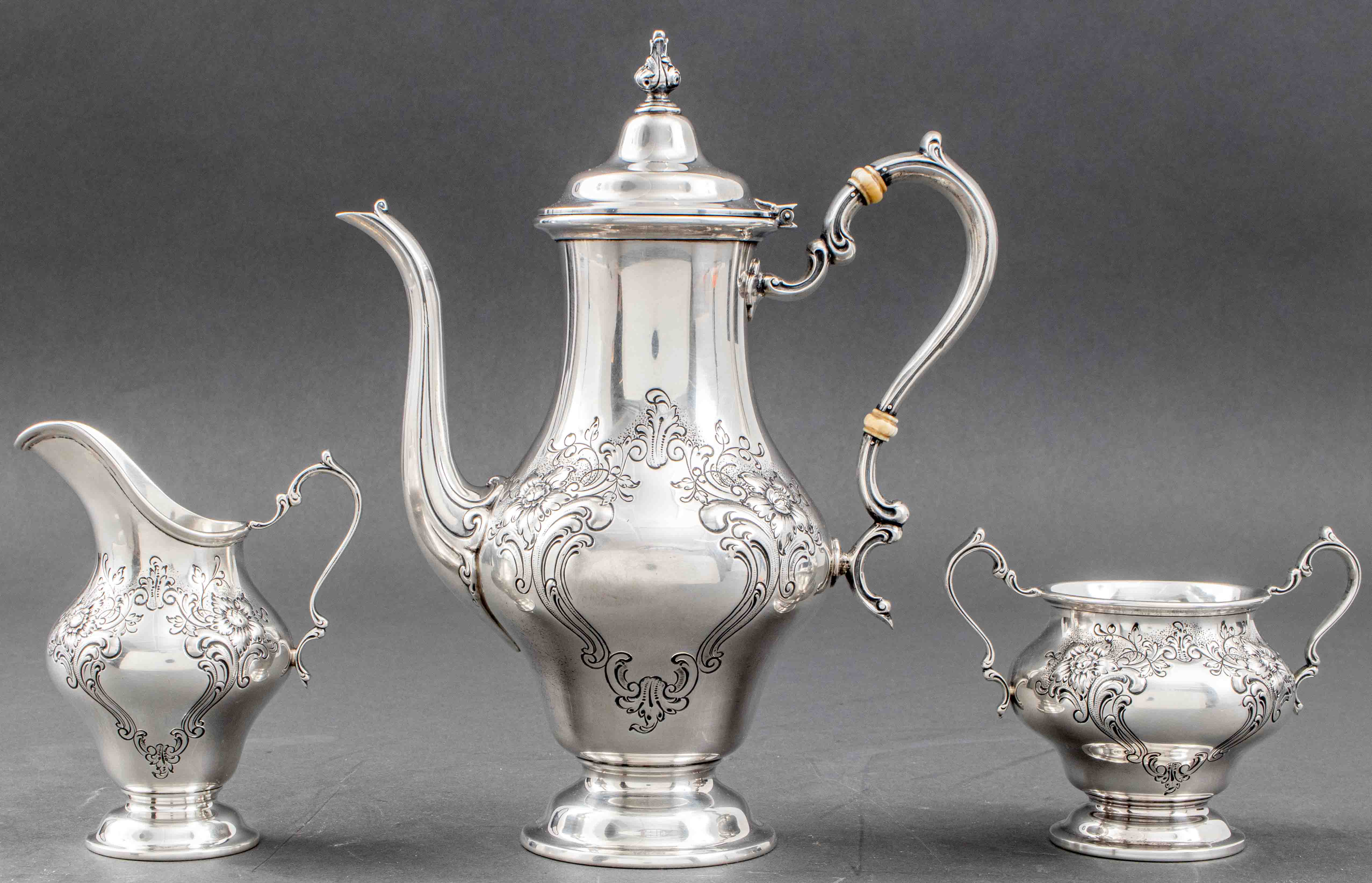 Appraisal: GORHAM HAND-CHASED STERLING SILVER TEA SET Gorham hand-chased sterling silver