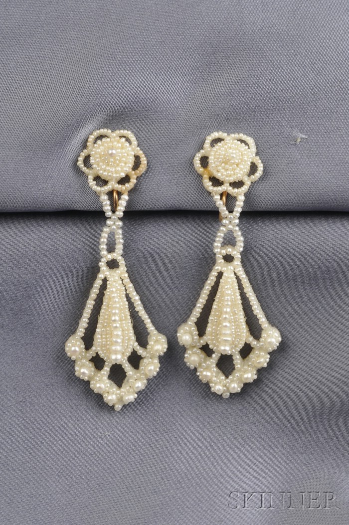 Appraisal: Antique kt Gold and Seed Pearl Earpendants of openwork floral