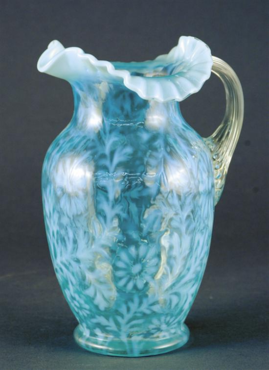 Appraisal: Blue art glass pitcher with Spanish lace fluted rim applied