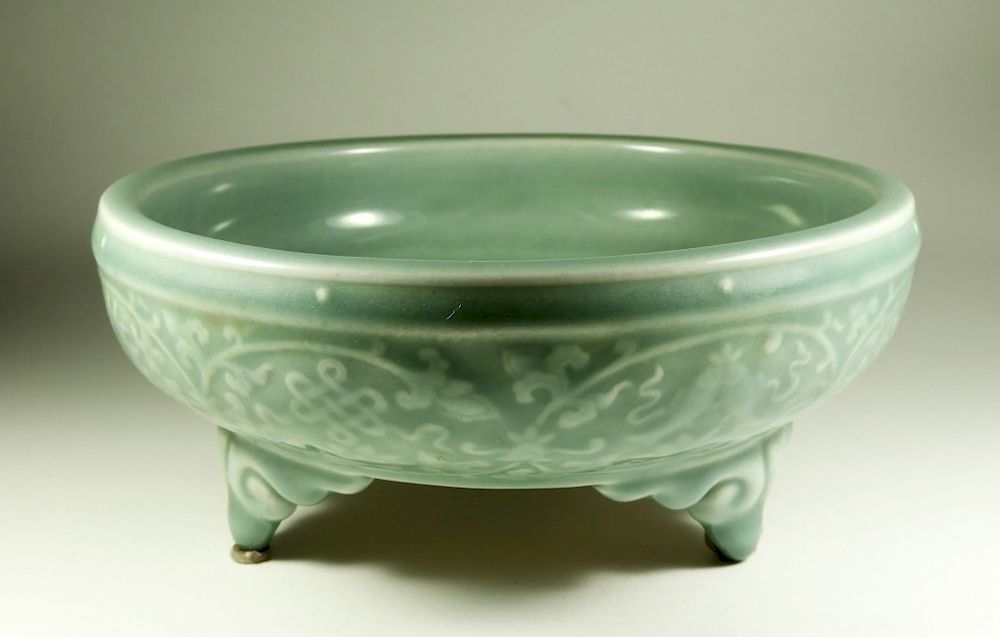 Appraisal: Chinese Qing Celadon Porcelain Tripod Censer Bowl China Qing Dynasty