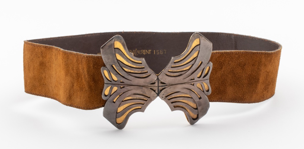 Appraisal: VINTAGE YSL BUTTERFLY MOTIF BROWN SUEDE BELT Vintage Yves Saint