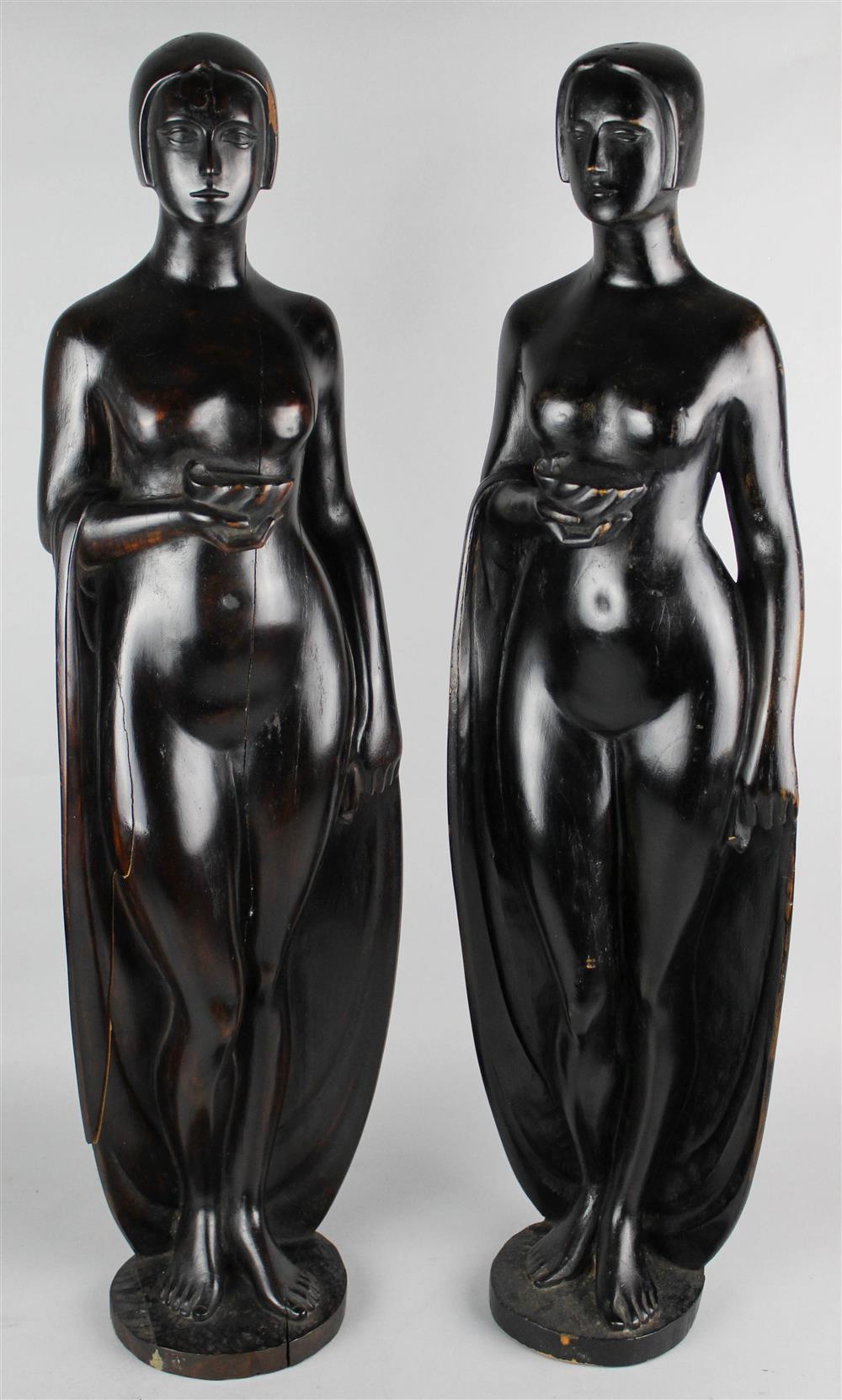 Appraisal: PAIR OF ART DECO EBONIZED WOOD FEMALE NUDE FIGURES BY