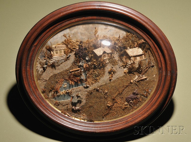 Appraisal: Framed Landscape with Peg Wooden Doll late th century oval