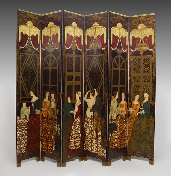 Appraisal: DECORATIVE PANEL FOLDING SCREEN Decorated with hand painted chandeliers iron