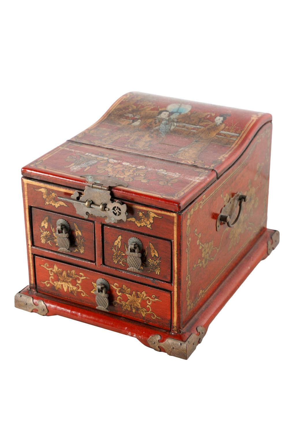 Appraisal: CHINESE RED LEATHER-CLAD JEWELRY BOXthe hinged lid opening to a