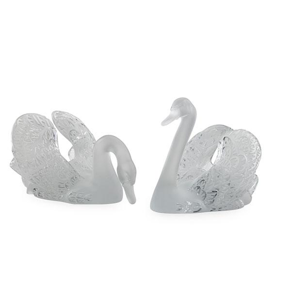 Appraisal: LALIQUE Pair of swan figures in frosted crystal glass in