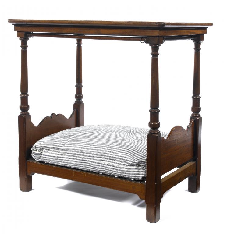 Appraisal: A MAHOGANY MINIATURE TESTER BED with turned pillars and shaped