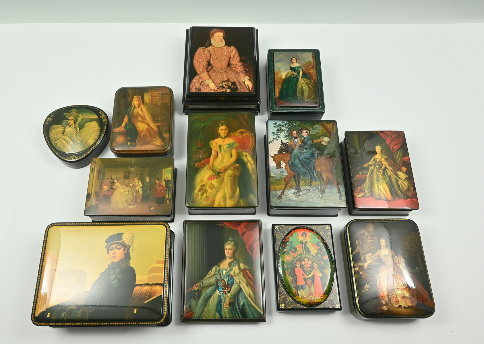 Appraisal: PC LACQUER BOX COLLECTION Mostly European-themed portrait-style paintings many of