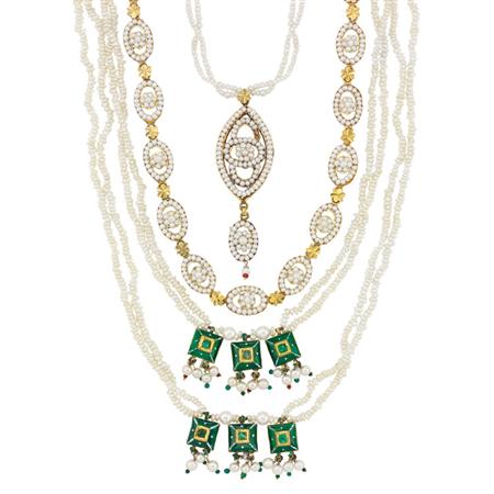 Appraisal: Three Indian Gold Seed and Biwa Pearl and Enamel Necklaces