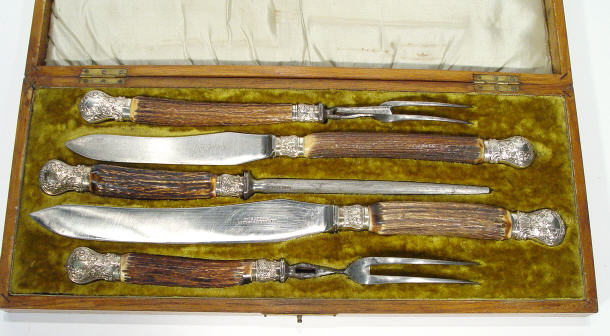 Appraisal: Victorian five piece silver plated and horn handled carving set