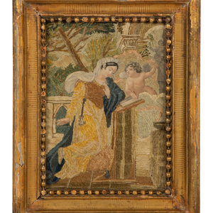 Appraisal: An English Needlework Silk and Paper Collage Depicting a Woman