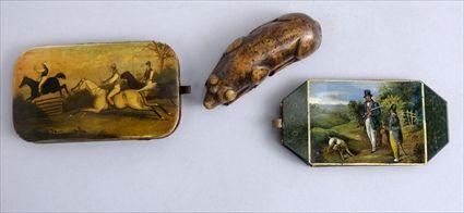 Appraisal: TWO VICTORIAN PAPIER MACHE CARD CASES AND A HOUND-FORM SNUFF