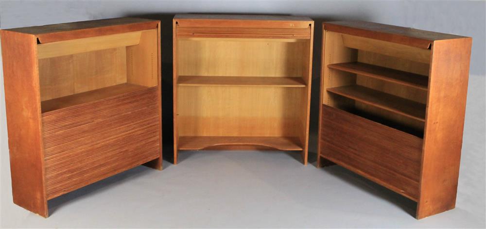 Appraisal: THREE TEAK TAMBOUR CABINETS FOR GEORGE TANIER with shelves and