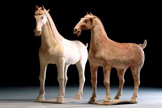 Appraisal: PAIR RARE TANG POTTERY HORSES Pair large and finely modeled