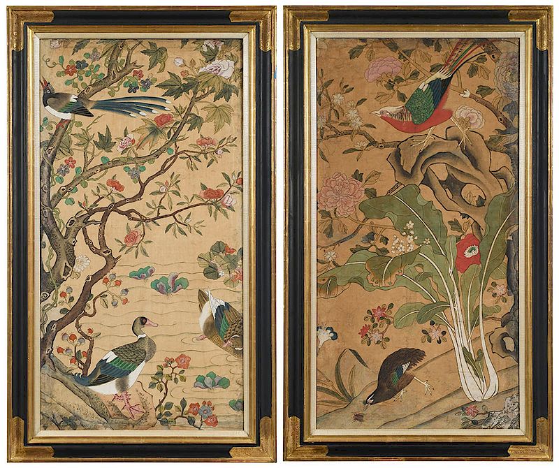 Appraisal: Continental School th century Two Chinoiserie panels Two Ducks on