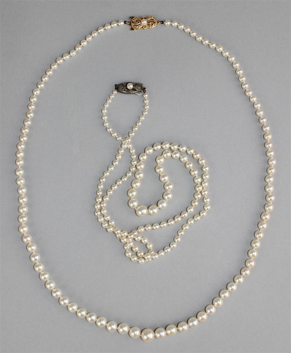 Appraisal: TWO MIKIMOTO GRADUATED PEARL NECKLACES the first string of pearls