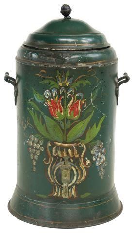 Appraisal: Victorian tole decorated water cooler th c clyndrical body painted