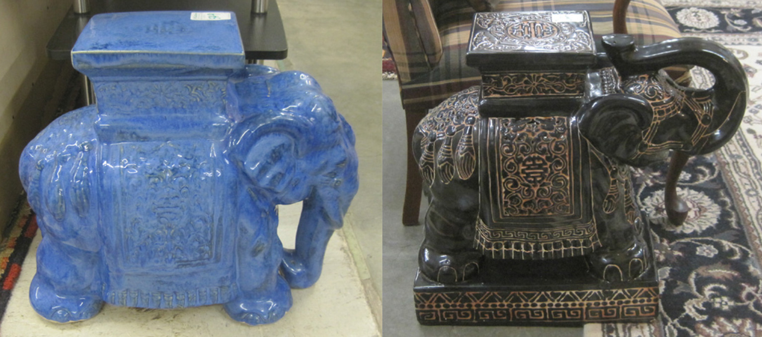 Appraisal: TWO GLAZED CERAMIC ELEPHANT GARDEN STOOLS H blue glaze and