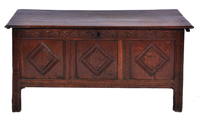 Appraisal: AN TH CENTURY OAK COFFER with carved three panelled front