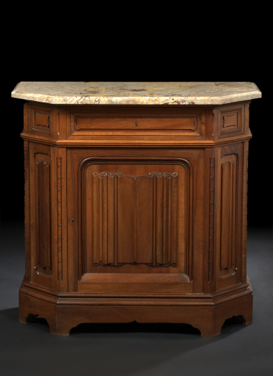 Appraisal: Franco-Belgian Carved Walnut and Marble-Top Cabinet the rectangular variegated tan