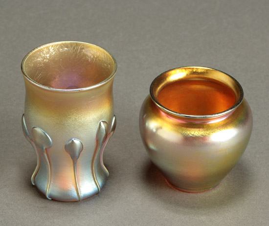 Appraisal: Two Iridescent Glass Cabinet Vases The first Tiffany circa having