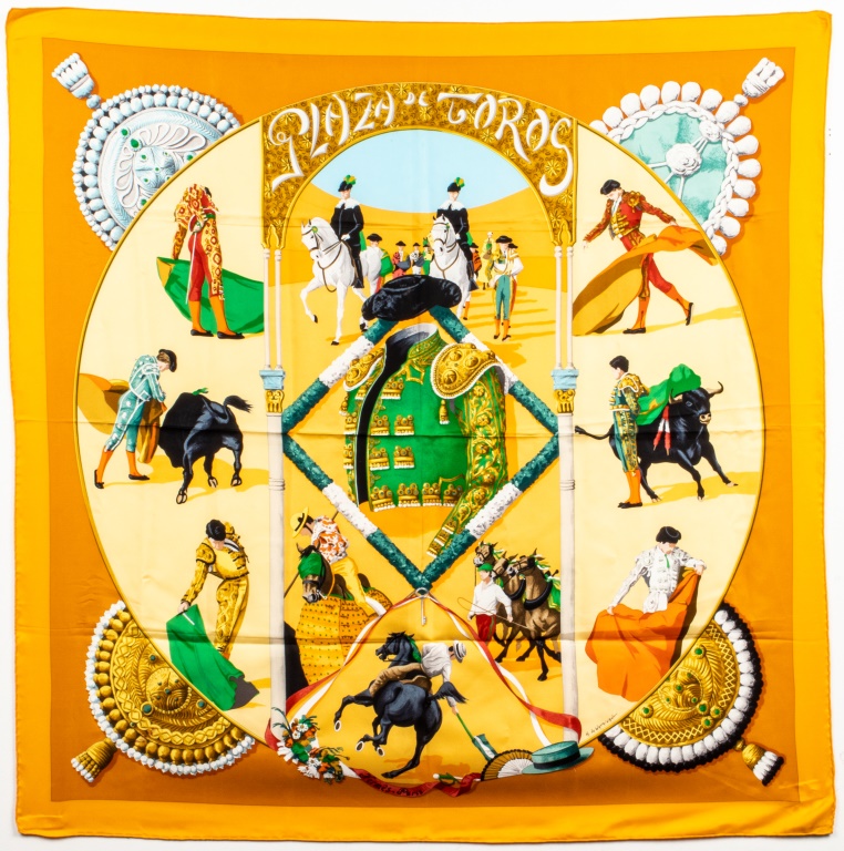 Appraisal: HERMES PLAZA DE TOROS SILK SCARF Hermes silk scarf Plaza