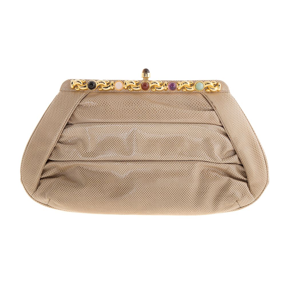 Appraisal: A Judith Leiber Snakeskin Embellished Clutch Beige pleated snakeskin Judith