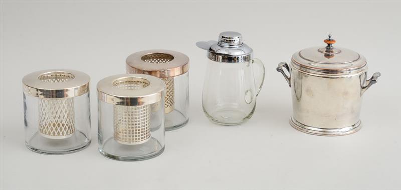 Appraisal: THREE GLASS BOTTLE COOLERS WITH SILVER-PLATED RIMS AND BASKETS AND