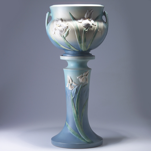 Appraisal: ROSEVILLE Blue Iris jardiniere and pedestal set - Minor bruise