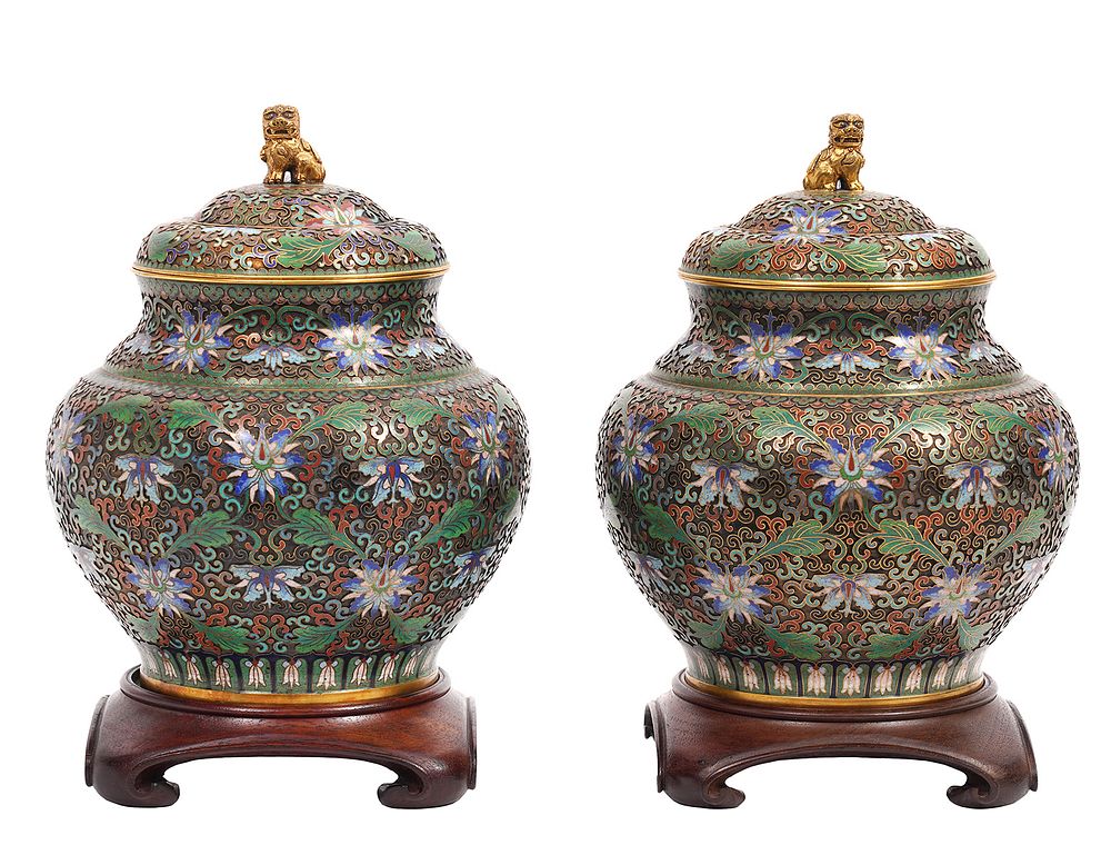 Appraisal: Pr Chinese Cloissone Ginger Jars with Wood Bases Proper pair