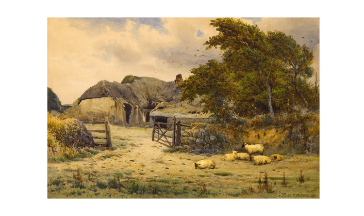 Appraisal: Reginald Aspinall - sheep grazing by a farm gate watercolour