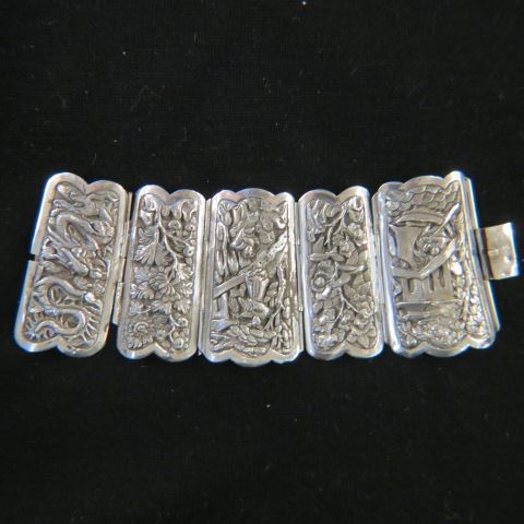 Appraisal: Chinese Silver Braclet elaborate panels with figures dragon bird foliage