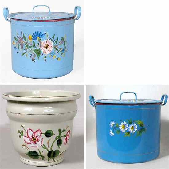 Appraisal: Three Czechoslovakian Enamelware Articles circa having a fitted lid and