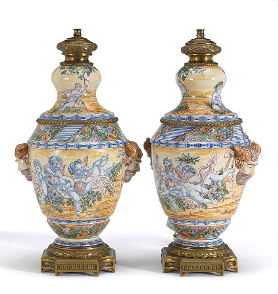 Appraisal: A pair of Italian majolica brass mounted table lamps first