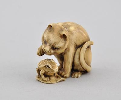 Appraisal: Cat Toad Netsuke Carved ivory with applied pigment for accentuating