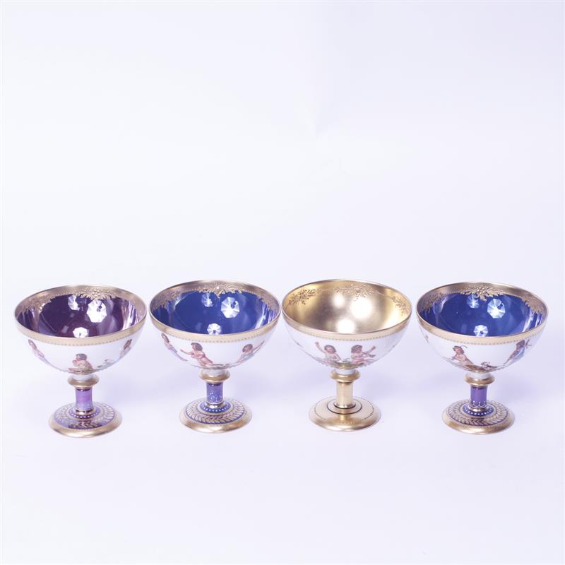 Appraisal: Four Fine Dresden Germany Polychrome Porcelain Stem Goblets Hand painted