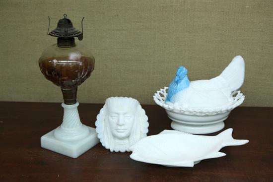 Appraisal: FOUR PIECES OF MILK GLASS Oil lamp ''h Hen on