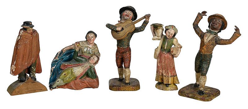 Appraisal: Five Carved and Polychromed Figures Spanish Colonial late th early