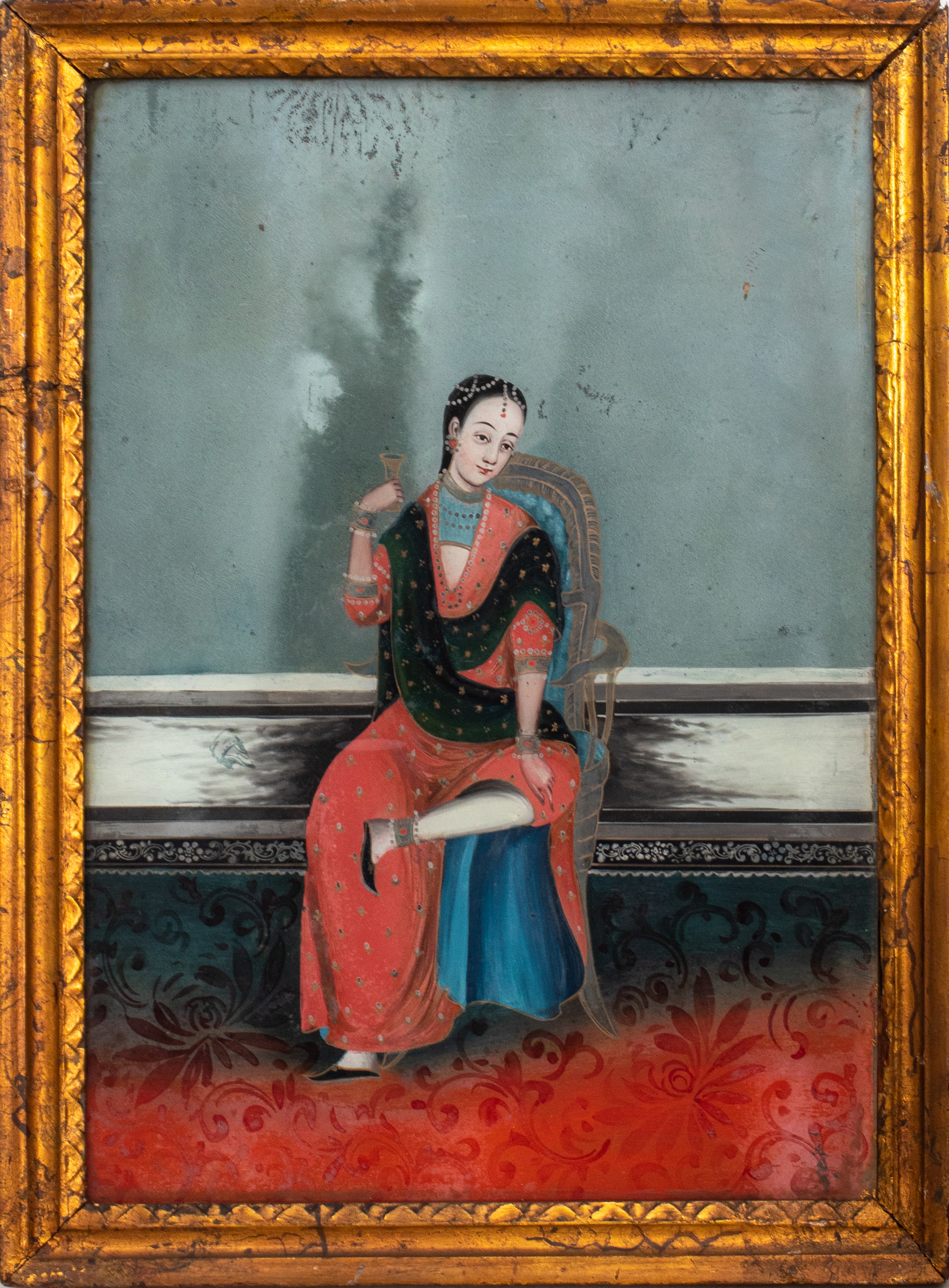 Appraisal: INDIAN REVERSE PAINTING ON GLASS OF NOBLEWOMAN Indian reverse painting