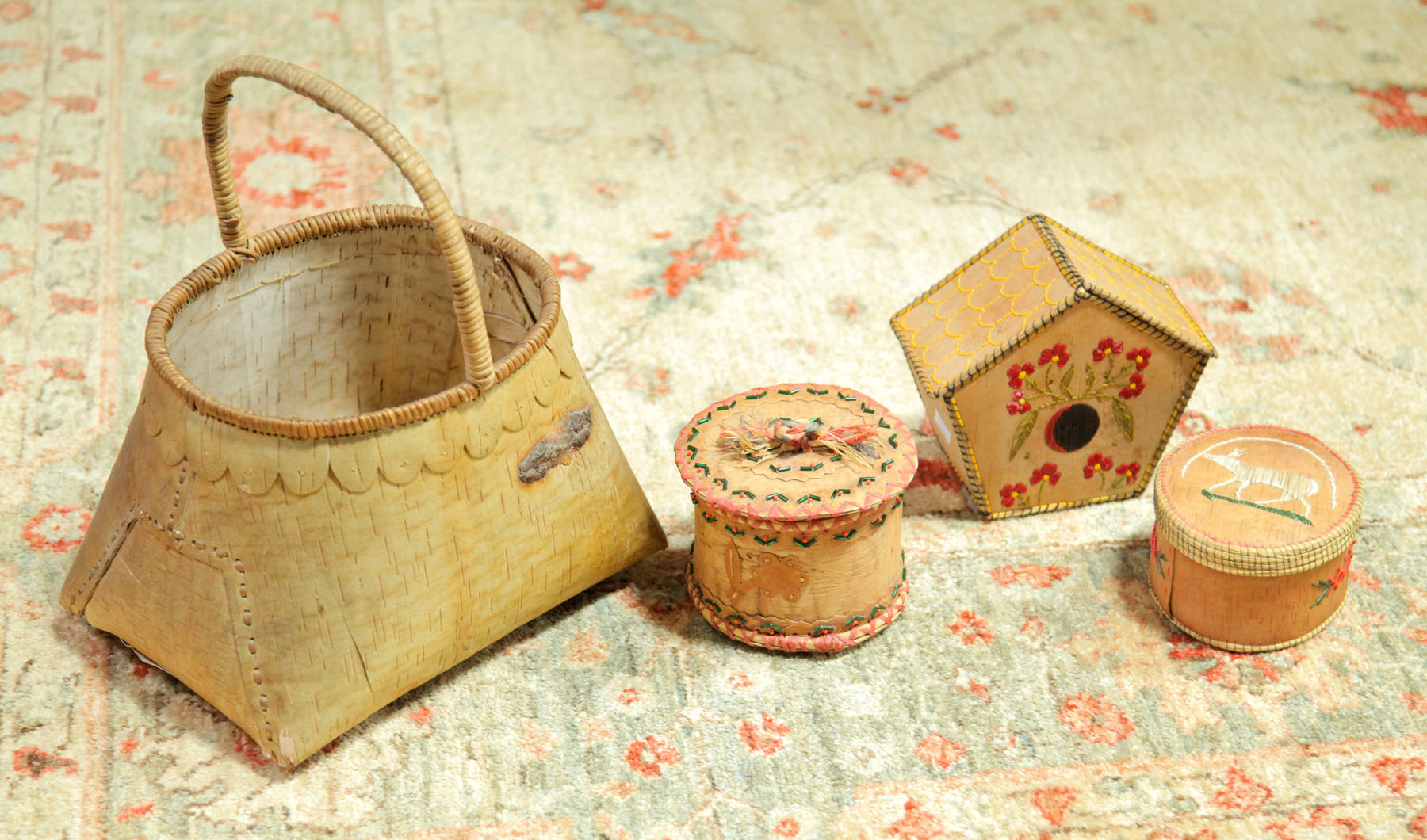 Appraisal: FOUR BIRCH BARK BASKETS American early th century A handled